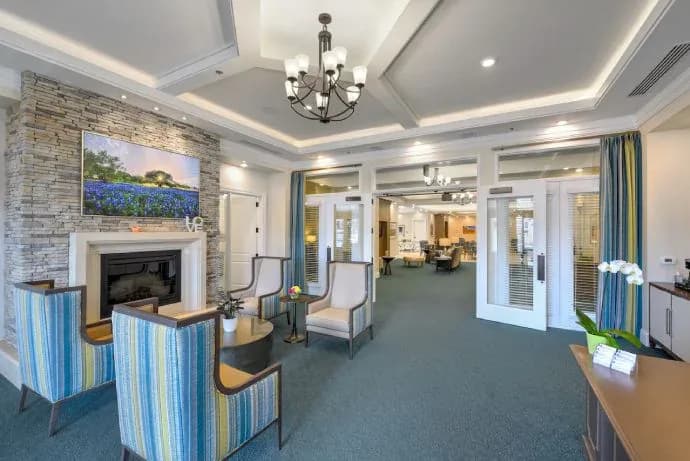 Community lounge with a fireplace