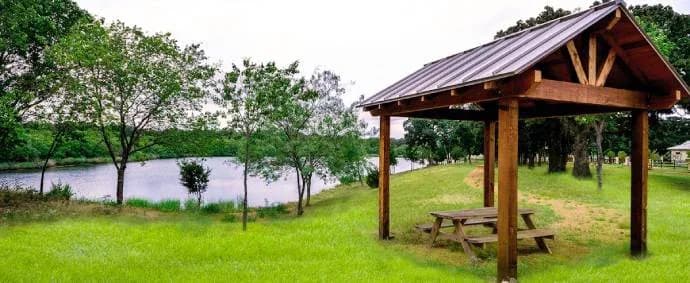 Wooden gazebo beside the lake
